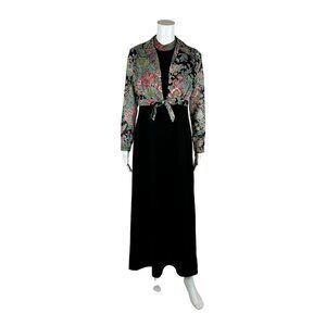 Vintage 70s Maxi Dress Women's Small Black Pink Floral Boho Set